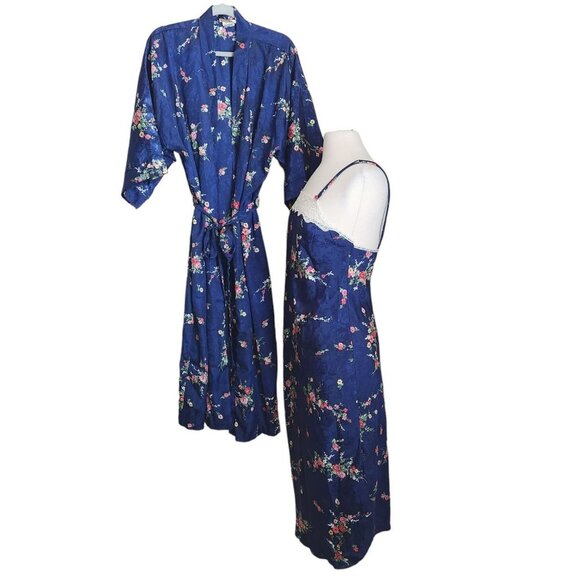 Inner Most Robe Dress Gown Satin Lace Women size Large Rose Cottgecore Navy Blue - Picture 3 of 12